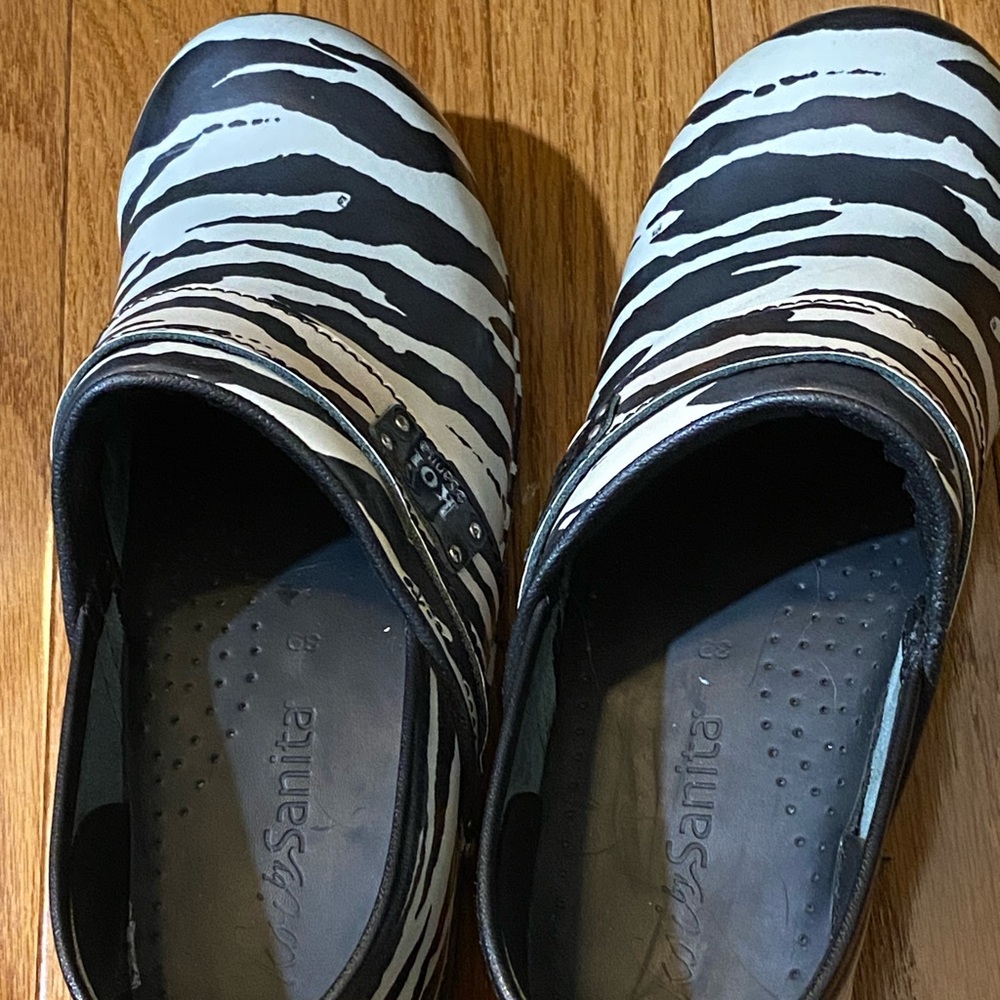 Sanita Black and White Animal Print Clogs